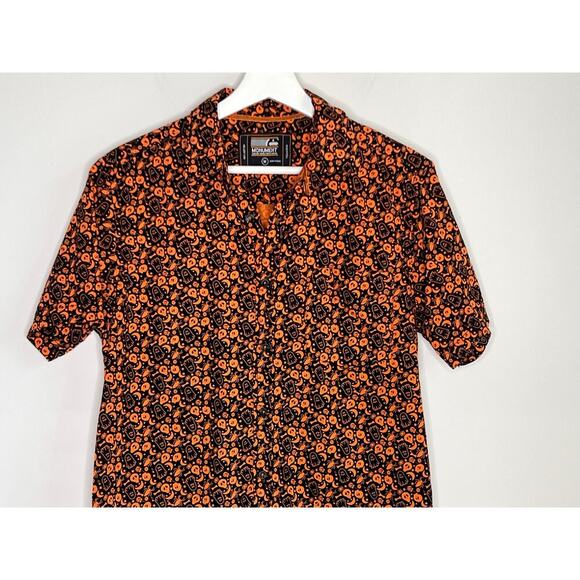 Monument 100% Cotton Halloween Short Sleeve Button-Up Shirt Black/Orange Medium - Picture 2 of 9